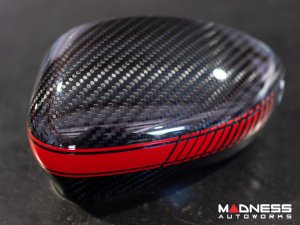 FIAT 500 Mirror Covers - Carbon Fiber - Red Racing Stripe w/ White Scorpion